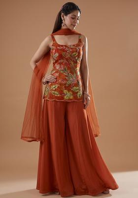 Burnt Orange Embroidered Organza Sharara Set