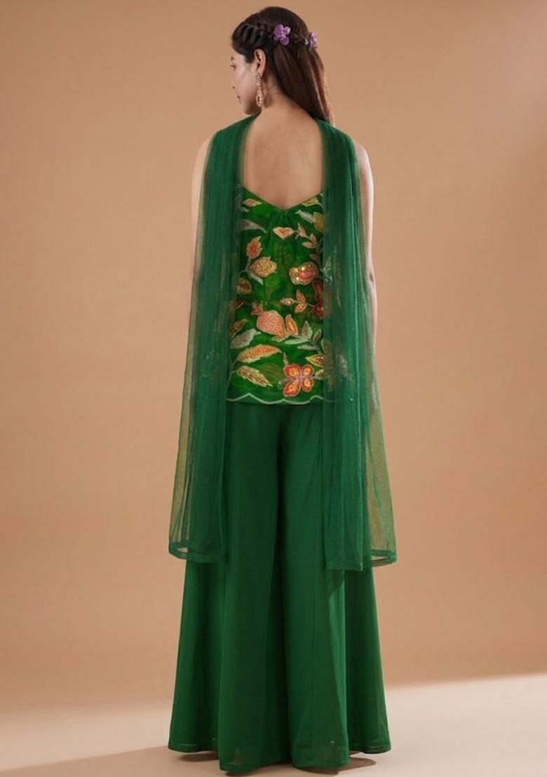 Emerald Embroidered Organza Sharara Set - Indya