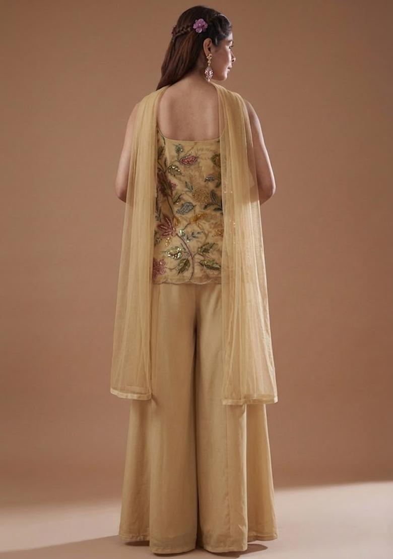 Gold Embroidered Organza Sharara Set - Indya