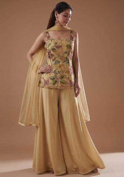 Gold Embroidered Organza Sharara Set