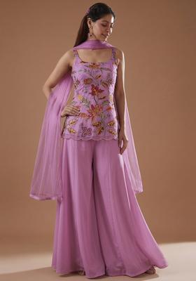 Lavender Embroidered Organza Sharara Set