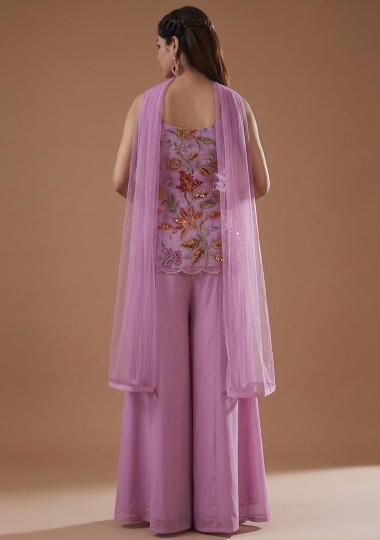 Lavender Embroidered Organza Sharara Set - Indya