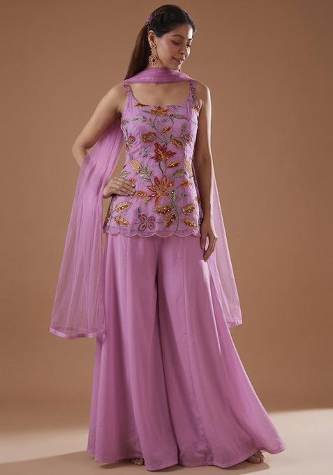 Lavender Embroidered Organza Sharara Set