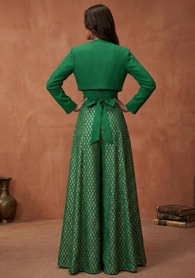 Emerald Green Jacquard Brocade Fusion Set - Indya