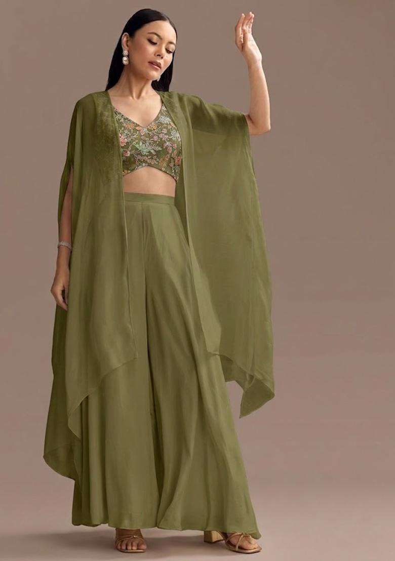 Olive Green Sequin Crepe Sharara Set - Indya