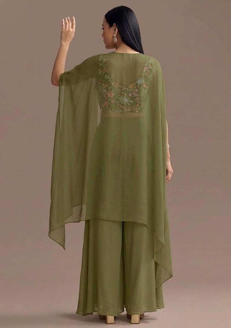 Olive Green Sequin Crepe Sharara Set - Indya