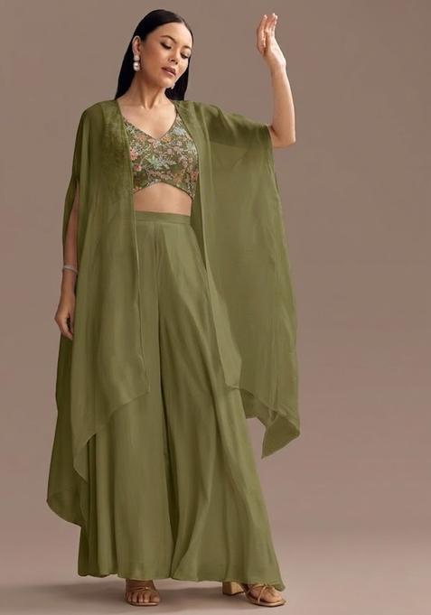 Olive Green Sequin Crepe Sharara Set