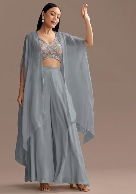 Steel Grey Sequin Crepe Sharara Set