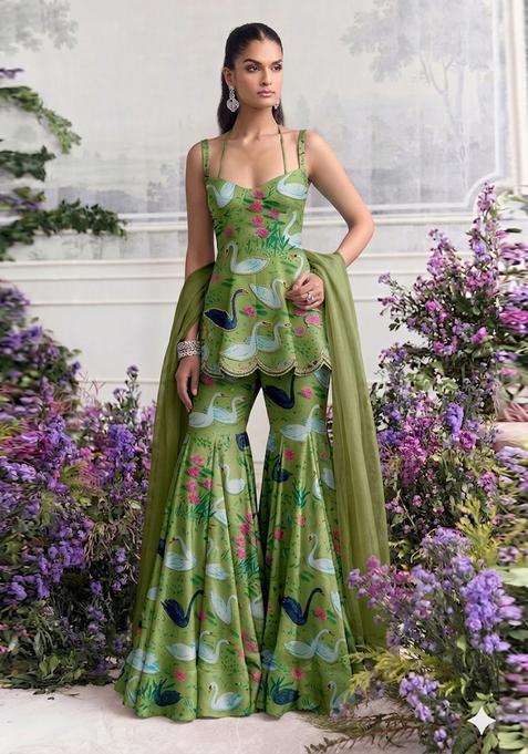 Olive Green Printed Handwork Satin Sharara Set