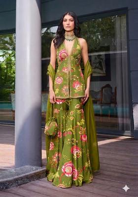 Green Printed Handwork Satin Sharara Set