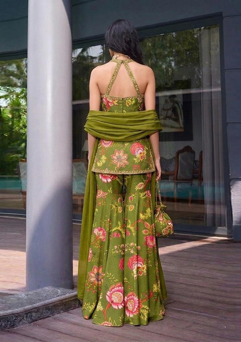 Green Printed Handwork Satin Sharara Set - Indya