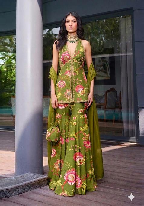 Green Printed Handwork Satin Sharara Set