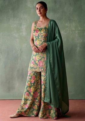 Teal Green Printed Handwork Satin Sharara Set