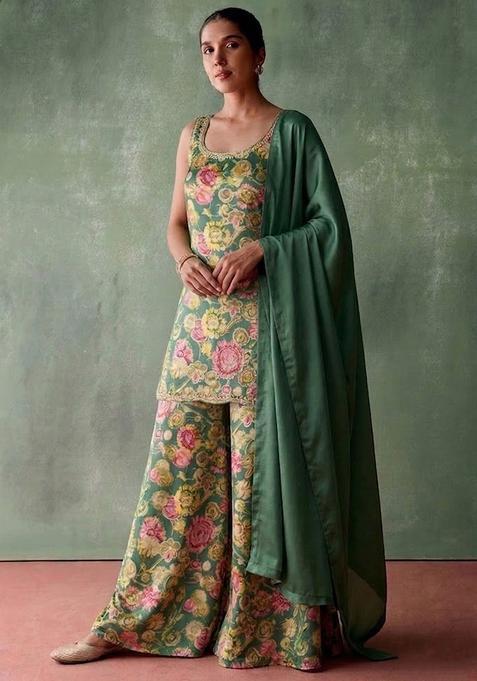 Teal Green Printed Handwork Satin Sharara Set