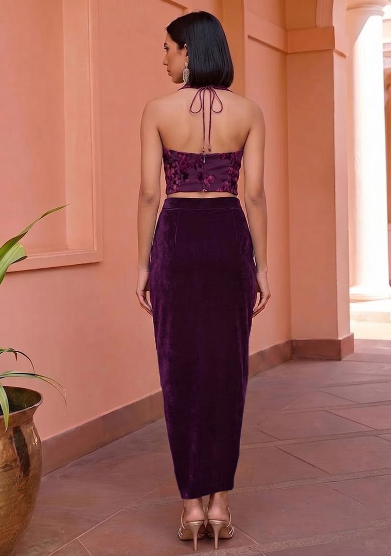 Deep Plum Devore Velvet Fusion Set - Indya