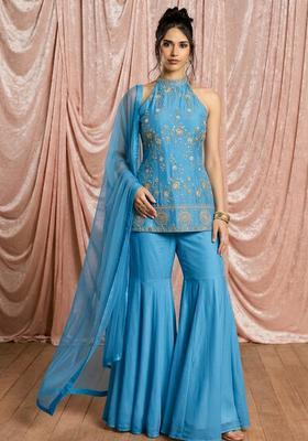 Blue Embroidered Tissue Sharara Set