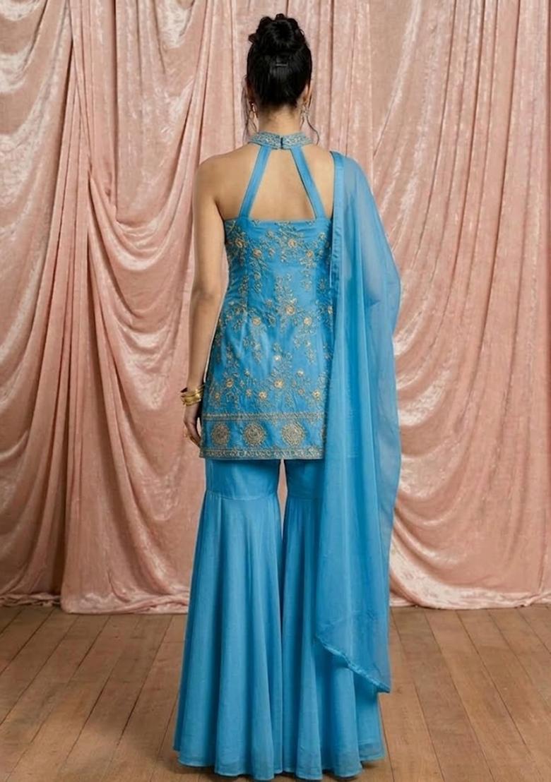 Blue Embroidered Tissue Sharara Set - Indya