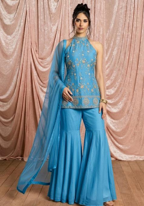 Blue Embroidered Tissue Sharara Set