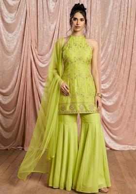 Green Embroidered Tissue Sharara Set