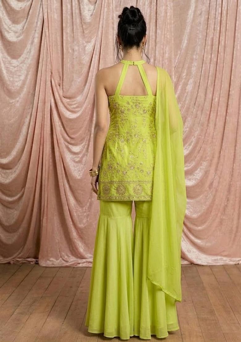 Green Embroidered Tissue Sharara Set - Indya