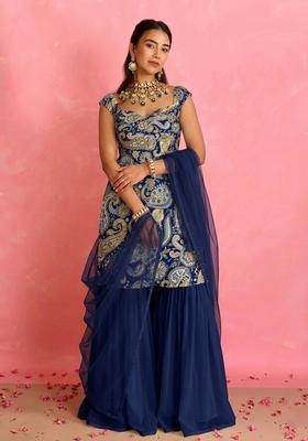 Navy Blue Printed Crepe Sharara Set