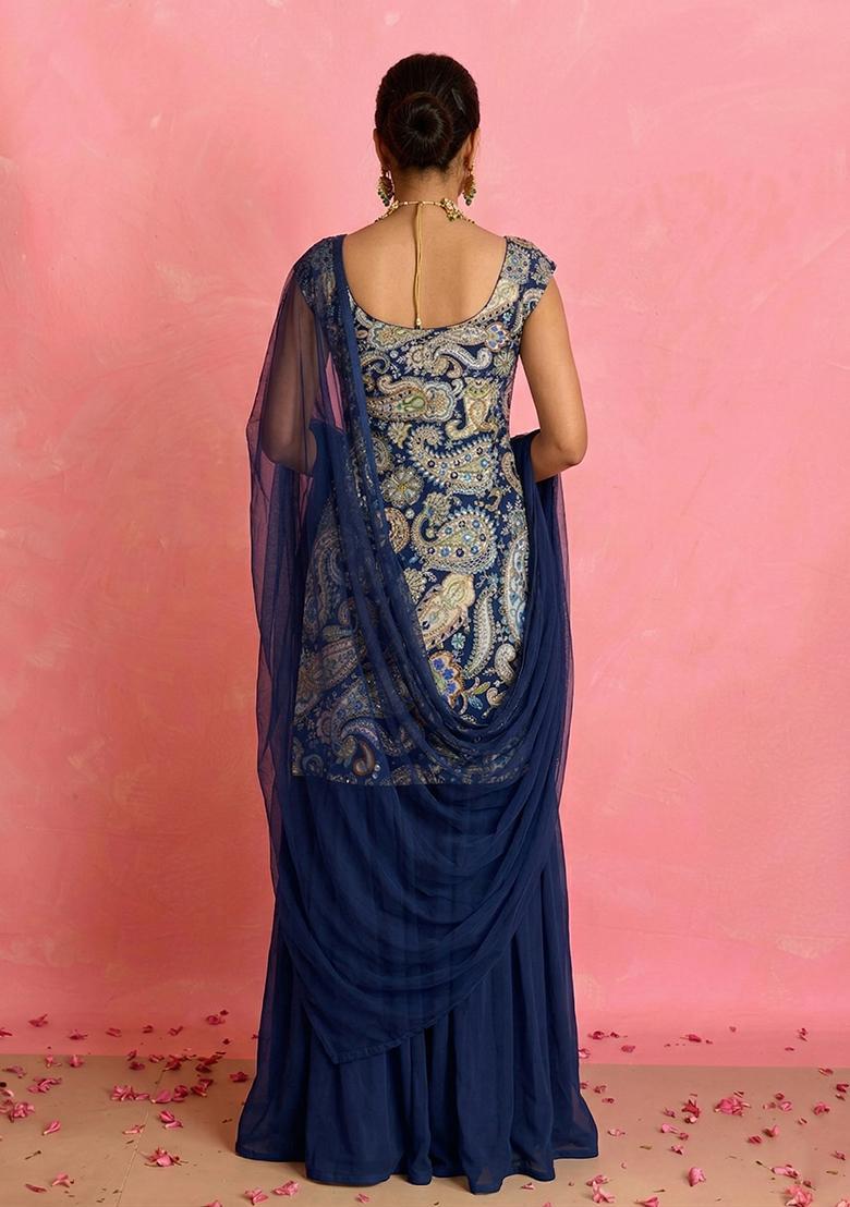 Navy Blue Printed Crepe Sharara Set - Indya