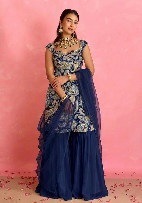 Navy Blue Printed Crepe Sharara Set