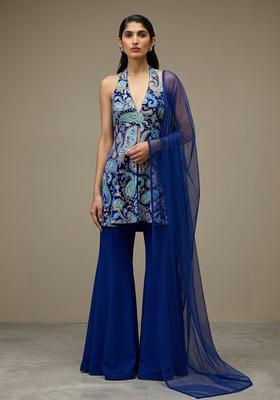 Navy Blue Printed Crepe Sharara Set
