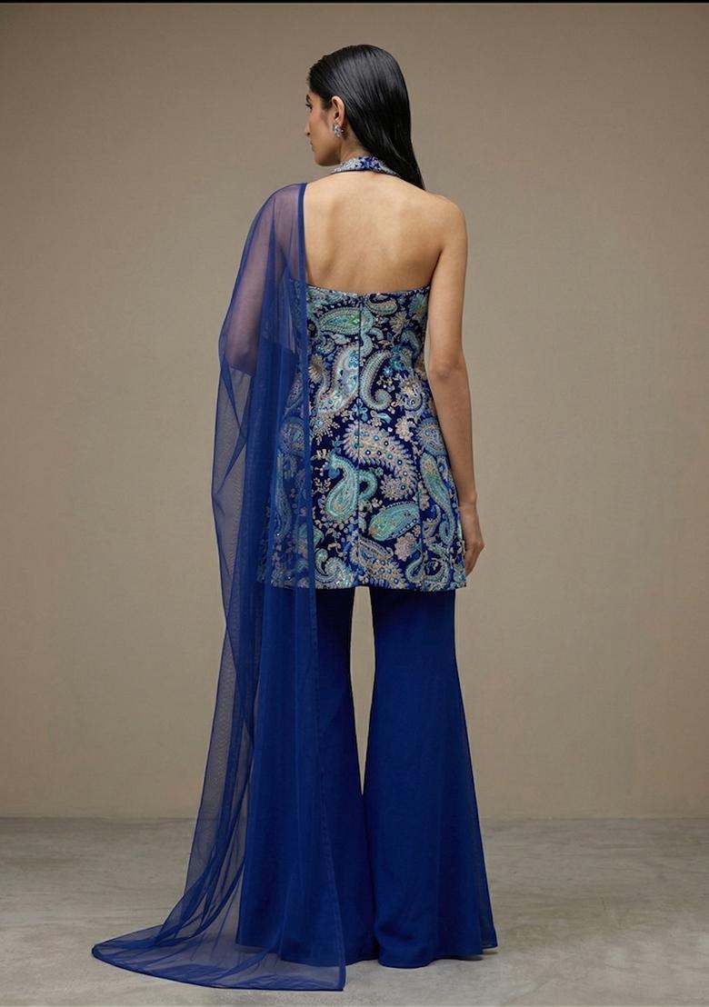 Navy Blue Printed Crepe Sharara Set - Indya