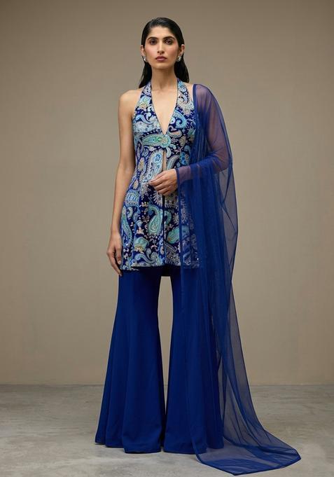 Navy Blue Printed Crepe Sharara Set