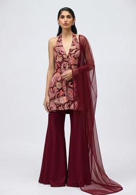 Deep Wine Printed Crepe Sharara Set