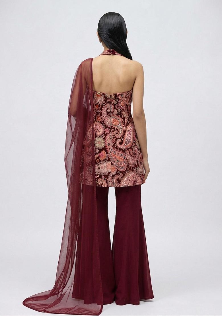 Deep Wine Printed Crepe Sharara Set - Indya
