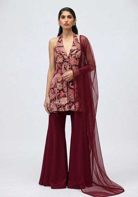 Deep Wine Printed Crepe Sharara Set