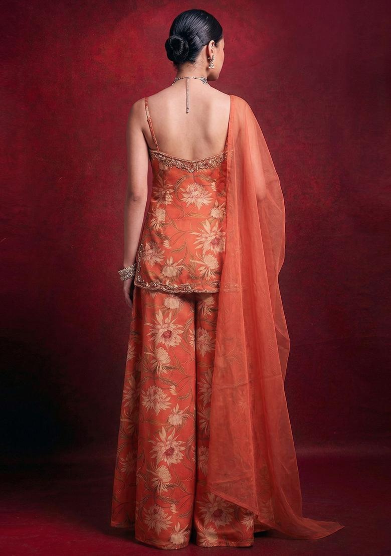 Orange Printed Handwork Georgette Sharara Set - Indya