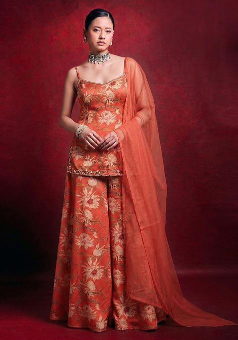 Orange Printed Handwork Georgette Sharara Set