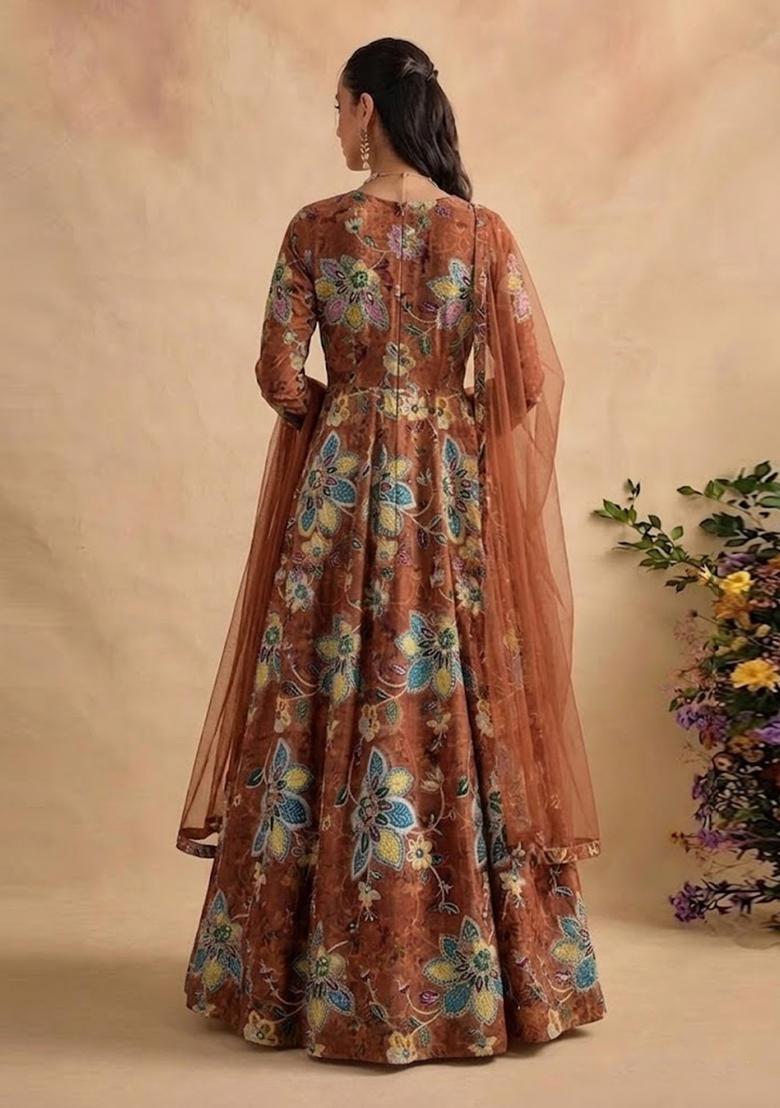 Rust Brown Printed Organza Anarkali with Dupatta - Indya