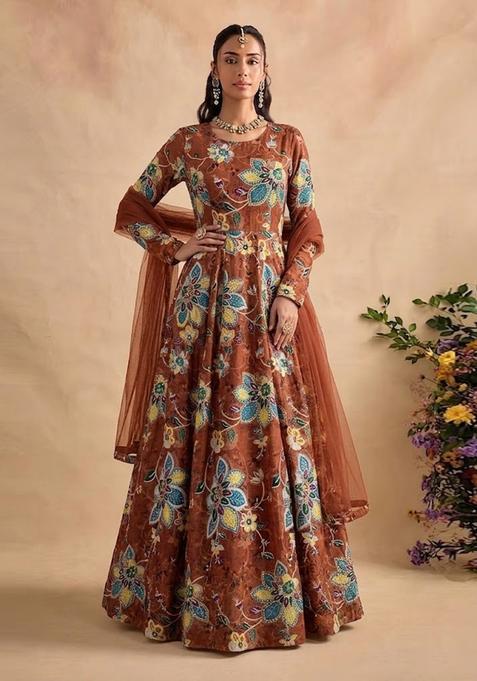 Rust Brown Printed Organza Anarkali with Dupatta