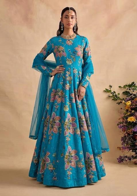 Teal Printed Organza Anarkali with Dupatta