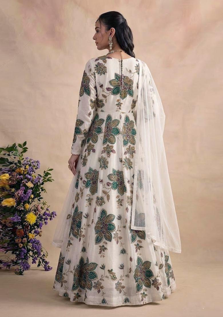 Off White Printed Organza Anarkali with Dupatta - Indya