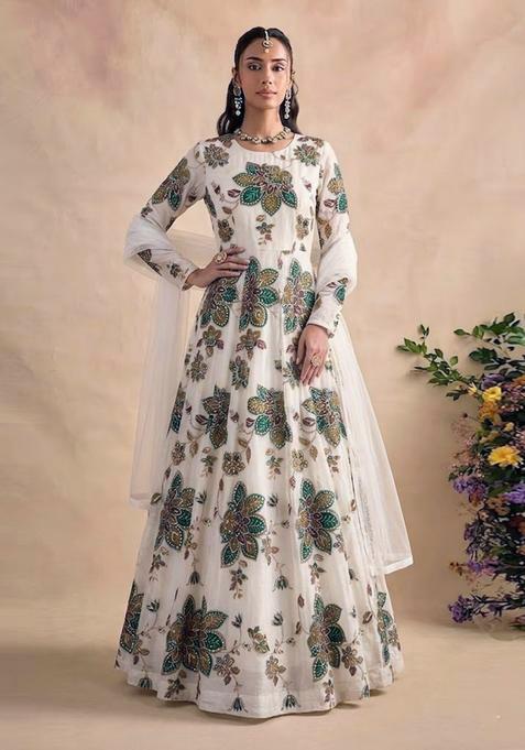 Off White Printed Organza Anarkali with Dupatta