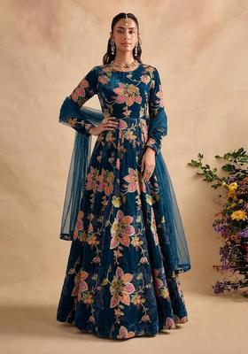 Teal Blue Printed Organza Anarkali with Dupatta
