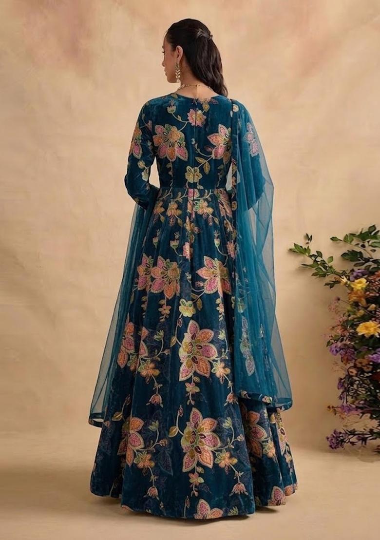 Teal Blue Printed Organza Anarkali with Dupatta - Indya