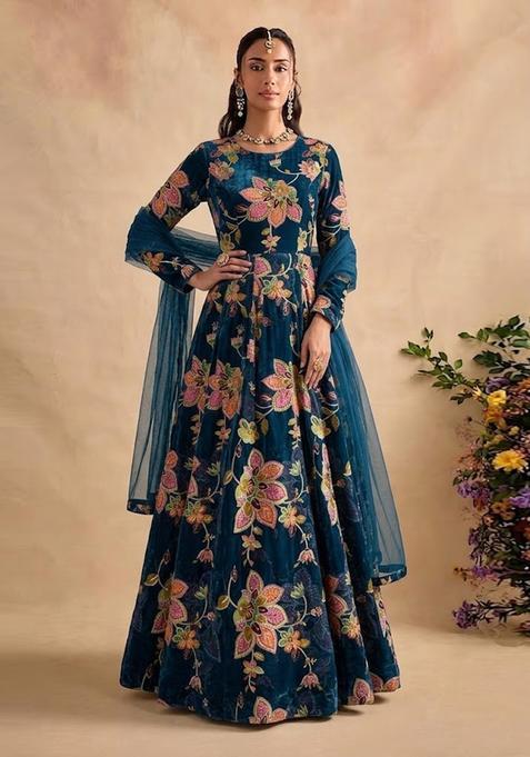 Teal Blue Printed Organza Anarkali with Dupatta