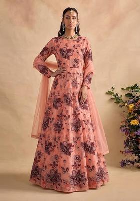 Salmon Pink Printed Organza Anarkali with Dupatta
