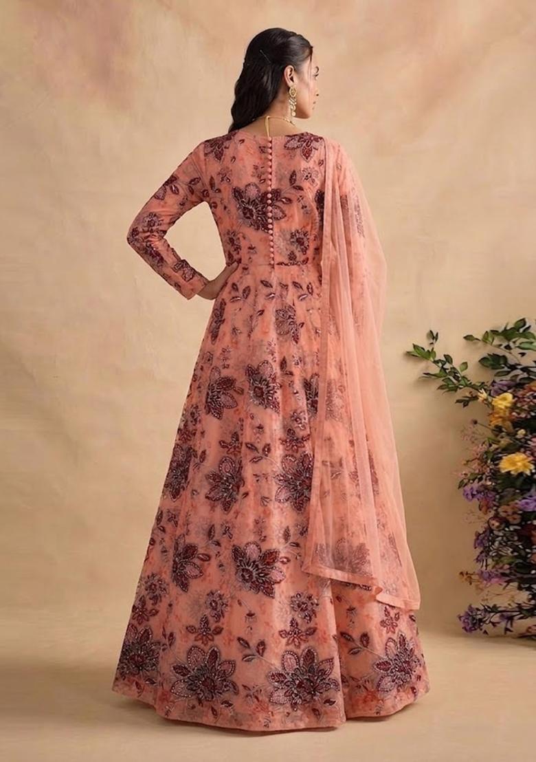 Salmon Pink Printed Organza Anarkali with Dupatta - Indya