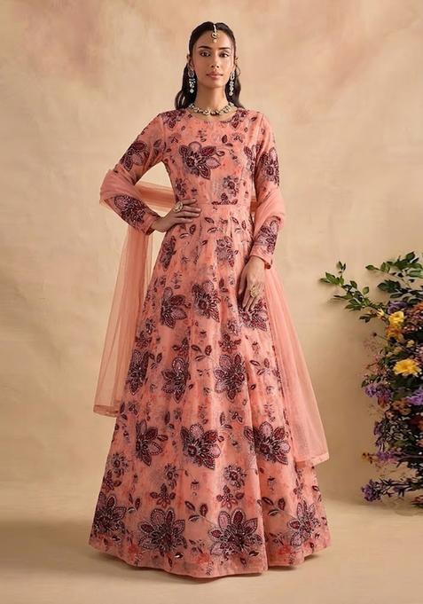 Salmon Pink Printed Organza Anarkali with Dupatta