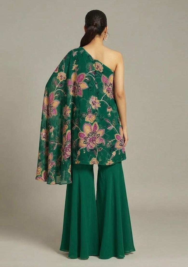 Emerald Green Printed Organza Fusion Set - Indya