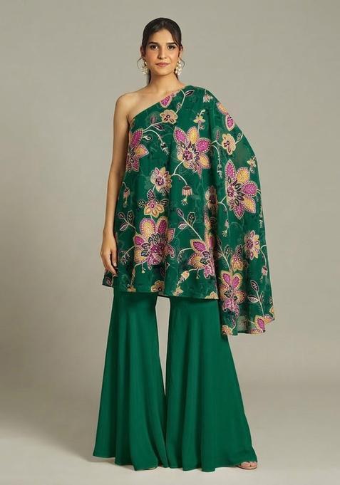 Emerald Green Printed Organza Fusion Set