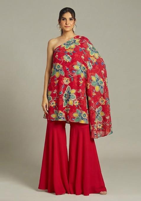 Crimson Red Printed Organza Fusion Set