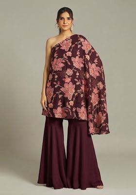 Deep Plum Printed Organza Fusion Set